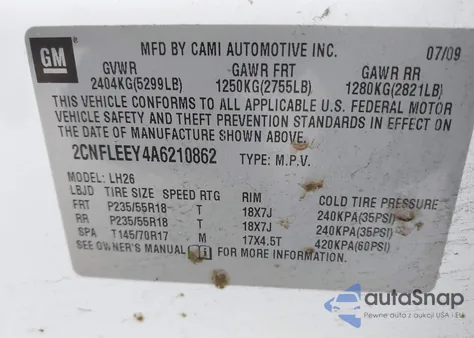 2010 Chevrolet Equinox Lt z USA, uszkodzony, nr VIN 2CNFLEEY4A6210862